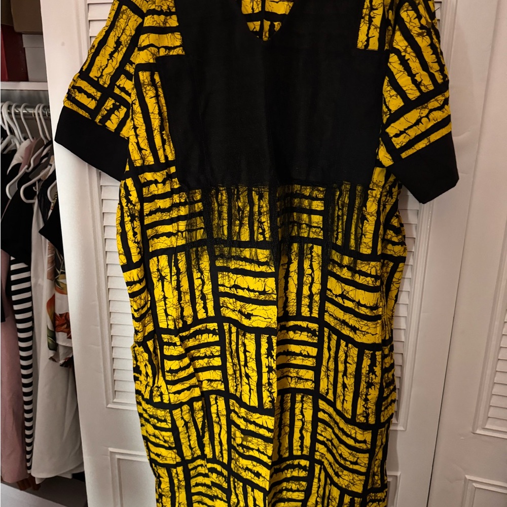 Yellow and Black Geometric Kaftan Dress